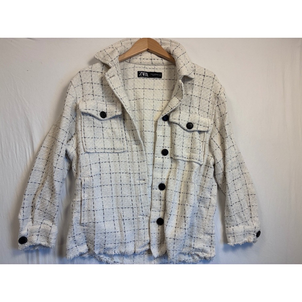 Zara Women's Textured Tweed Check Shacket Jacket Cream Black EUR XS